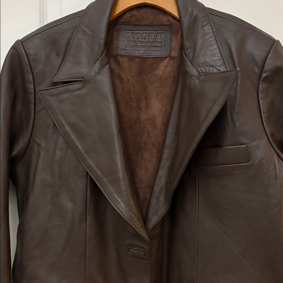 NOORA One-Button Leather Blazer Jacket Brown Sz L Lined Pockets - Picture 3 of 11